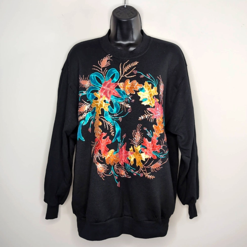 Rare Vtg USA 90s Fall Flower Art Embroidered Rococo Street Urban Sweatshirt L